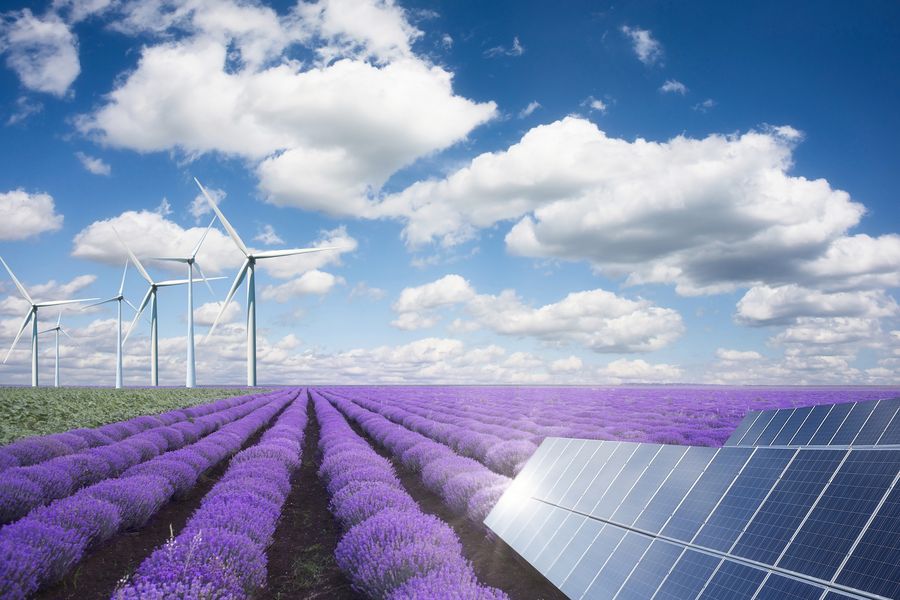 © Adrian825 | Dreamstime.com. Green energy or renewables concept with purple lavender field wind turbines an solar panels on a hot summer day with blue sky
